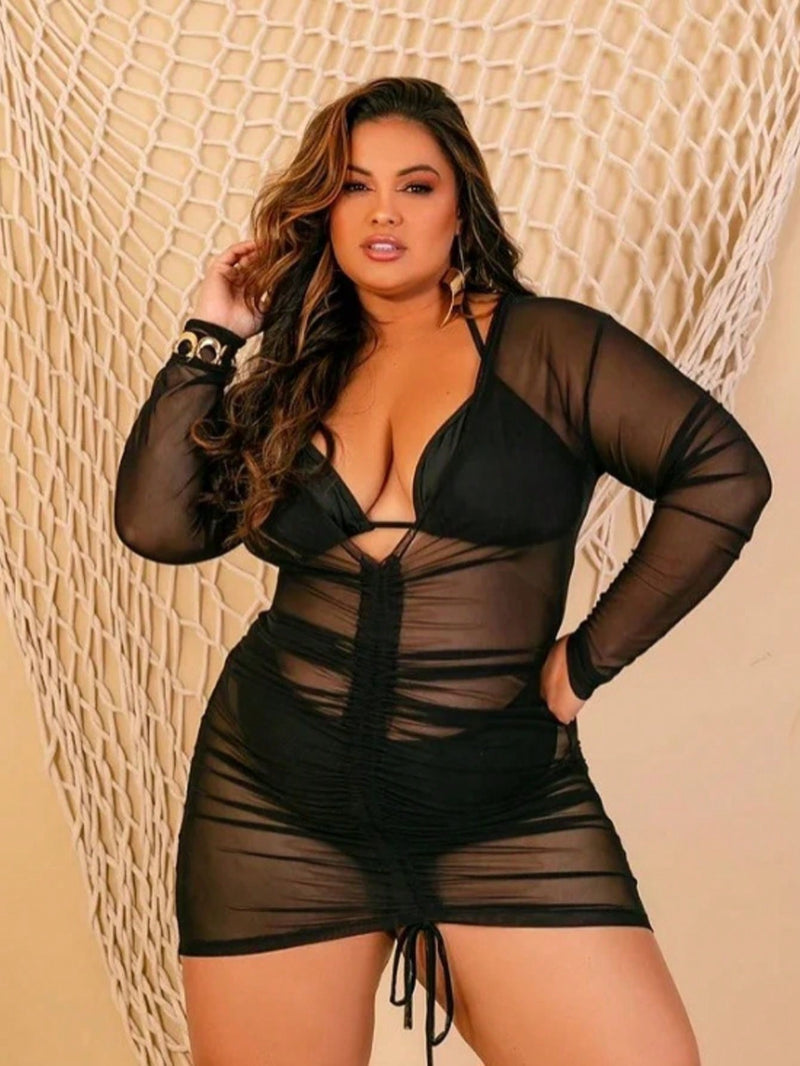 saida plus size em tule vestido com manga longa gringa