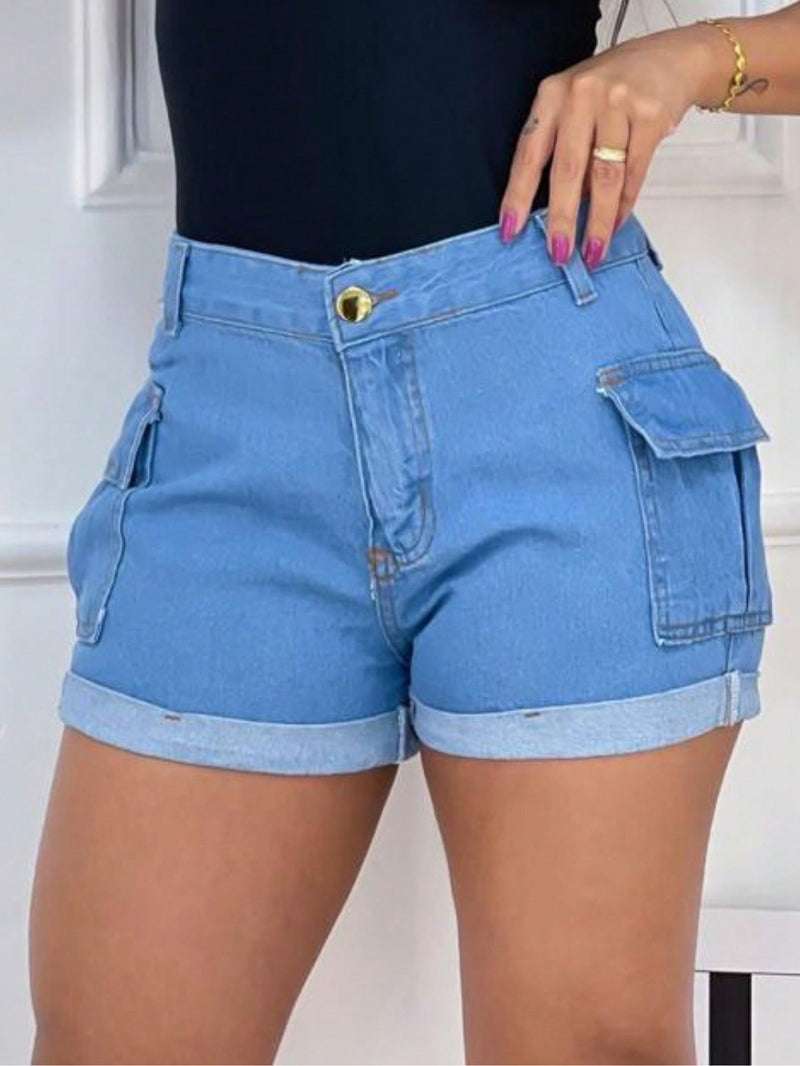 Shorts Curto Feminino Jeans Correntes Laterais Botões Encapados Cintura Alta Empina Bumbum