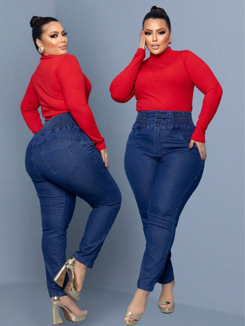 Calça jeans feminina plus size cintura  alta modeladora com elástico elastano premium