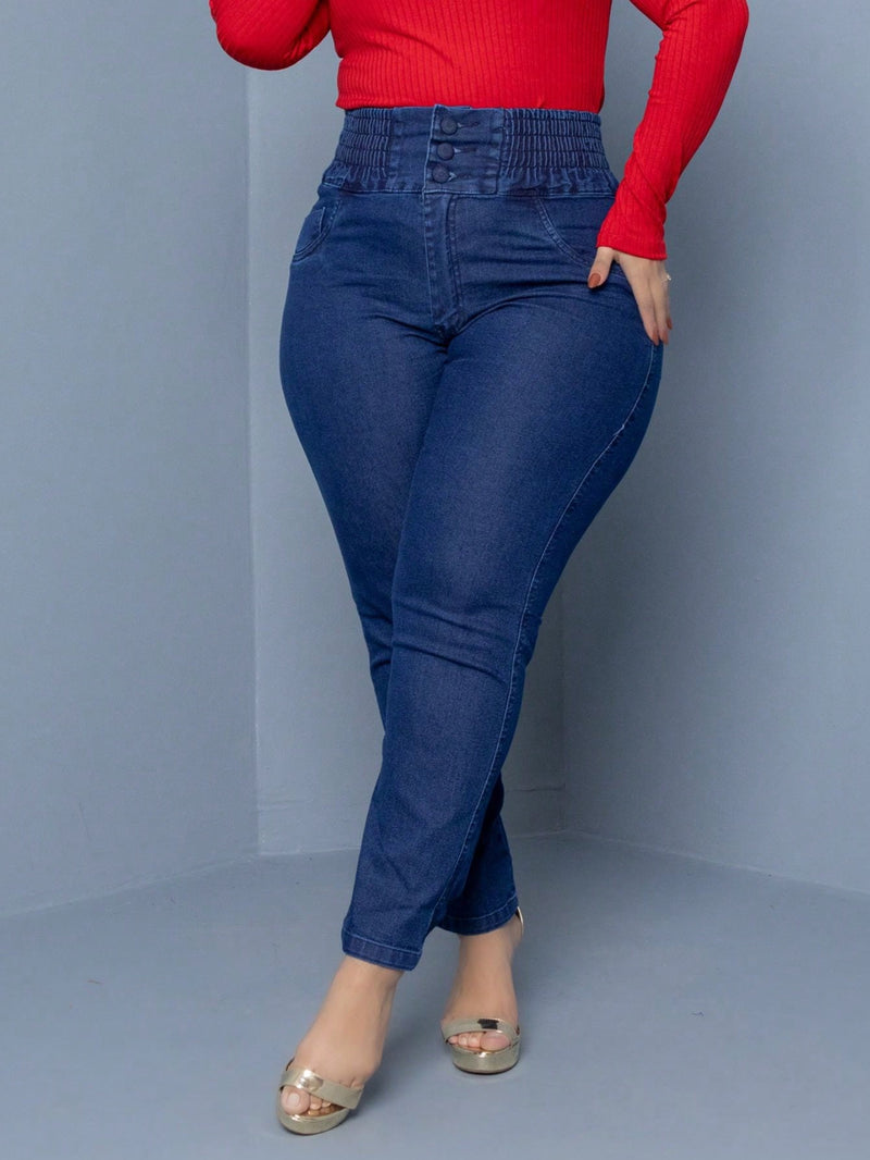 Calça jeans feminina plus size cintura  alta modeladora com elástico elastano premium