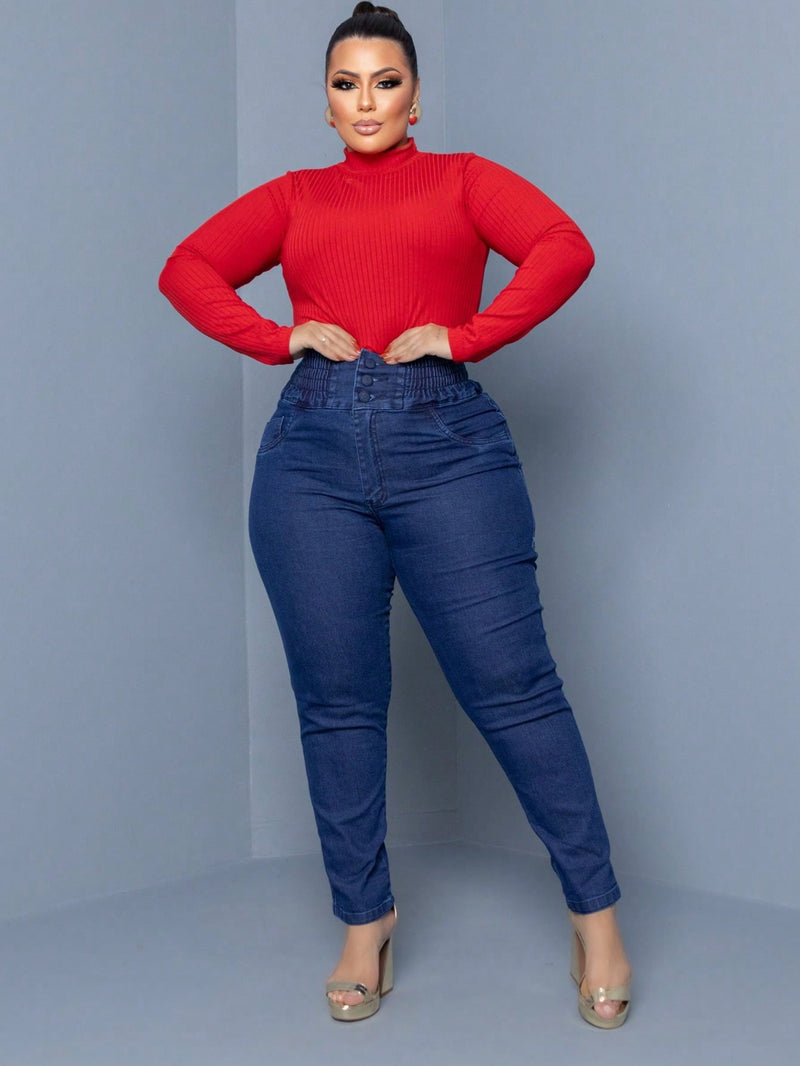 Calça jeans feminina plus size cintura  alta modeladora com elástico elastano premium