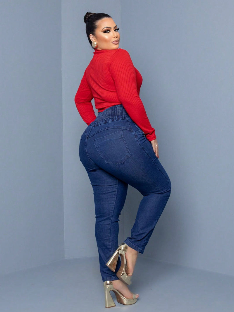 Calça jeans feminina plus size cintura  alta modeladora com elástico elastano premium