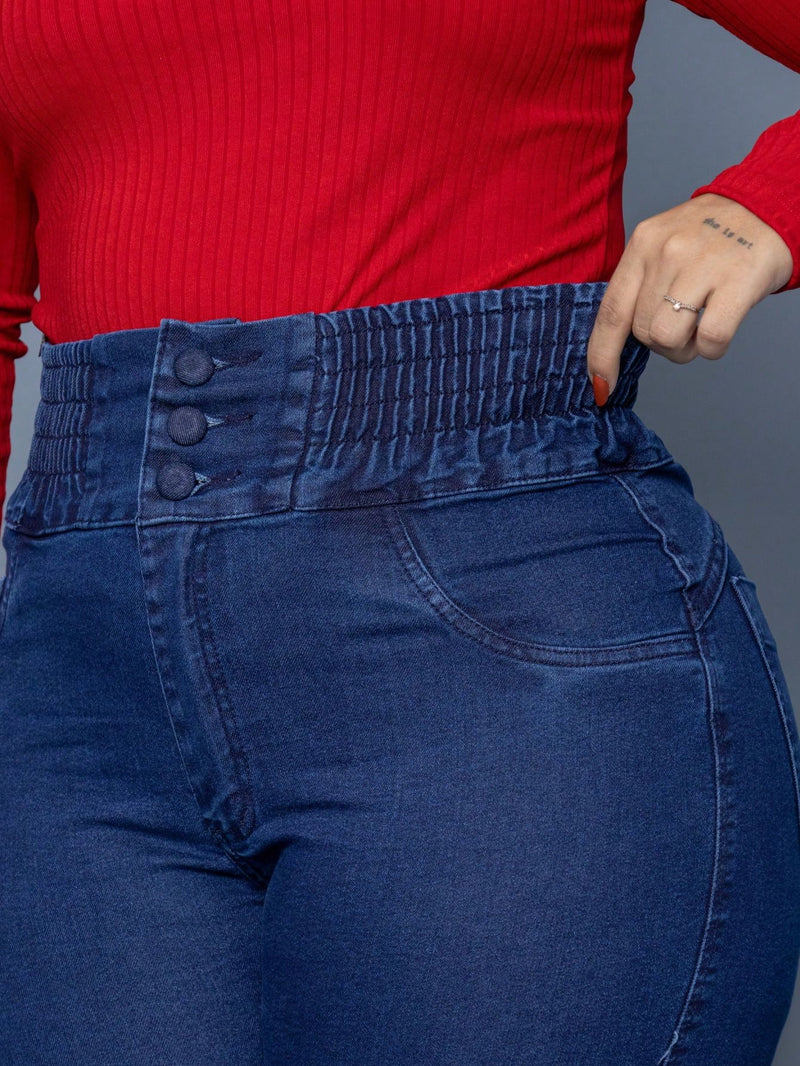 Calça jeans feminina plus size cintura  alta modeladora com elástico elastano premium