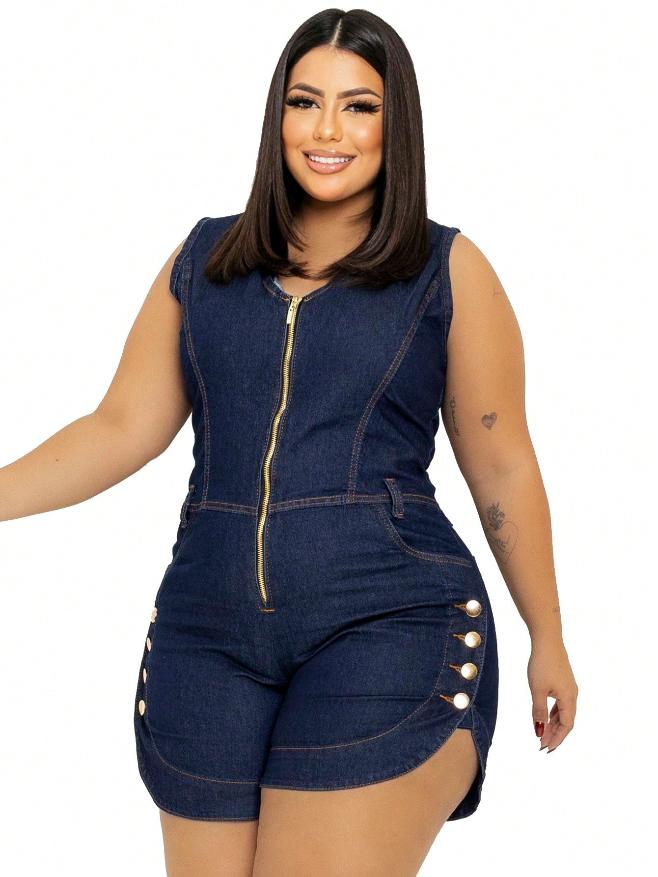 Macaquinho Jeans Plus Size Feminino com Lycra e Botões nas laterais