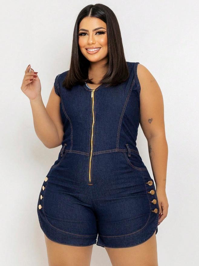 Macaquinho Jeans Plus Size Feminino com Lycra e Botões nas laterais