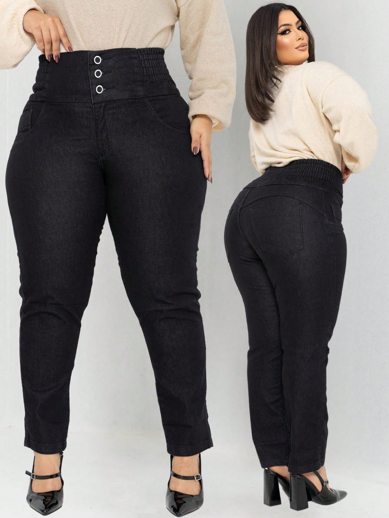 calça jeans feminina modeladora plus size cós muito alto segura barriga com lycra empina bumbum