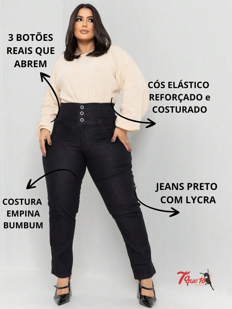 calça jeans feminina modeladora plus size cós muito alto segura barriga com lycra empina bumbum