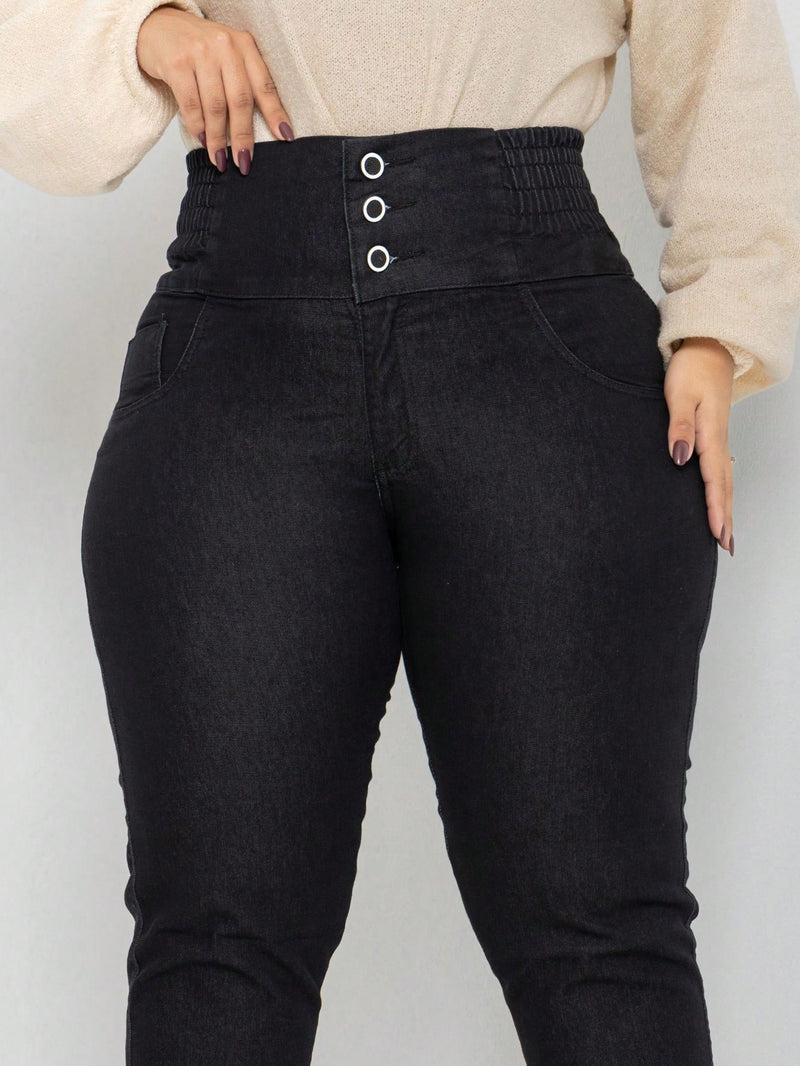 calça jeans feminina modeladora plus size cós muito alto segura barriga com lycra empina bumbum