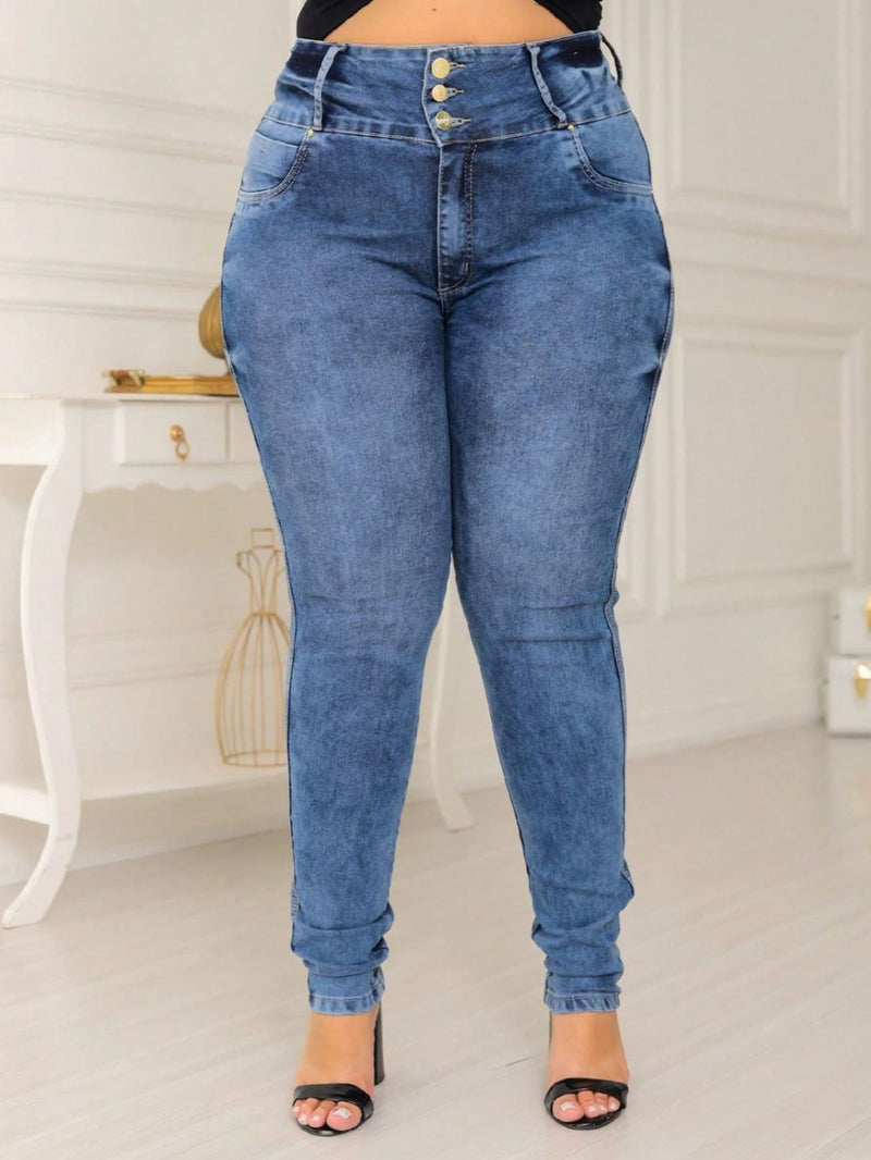 Calça Plus Size Jeans Marmorizada Cós com Elástico Valoriza Cintura e Bumbum