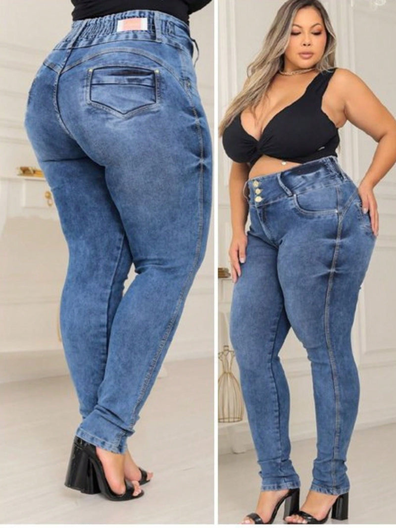 Calça Plus Size Jeans Marmorizada Cós com Elástico Valoriza Cintura e Bumbum