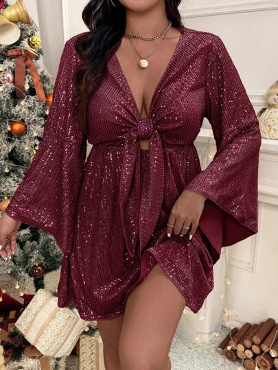 Vestido Longo com Mangas Sino e Lantejoulas Brilhantes PLUS SIZE  Para Festa e Reunião,Roupa de Natal, de Ano Novo, Estilo Sexy, Elegante.