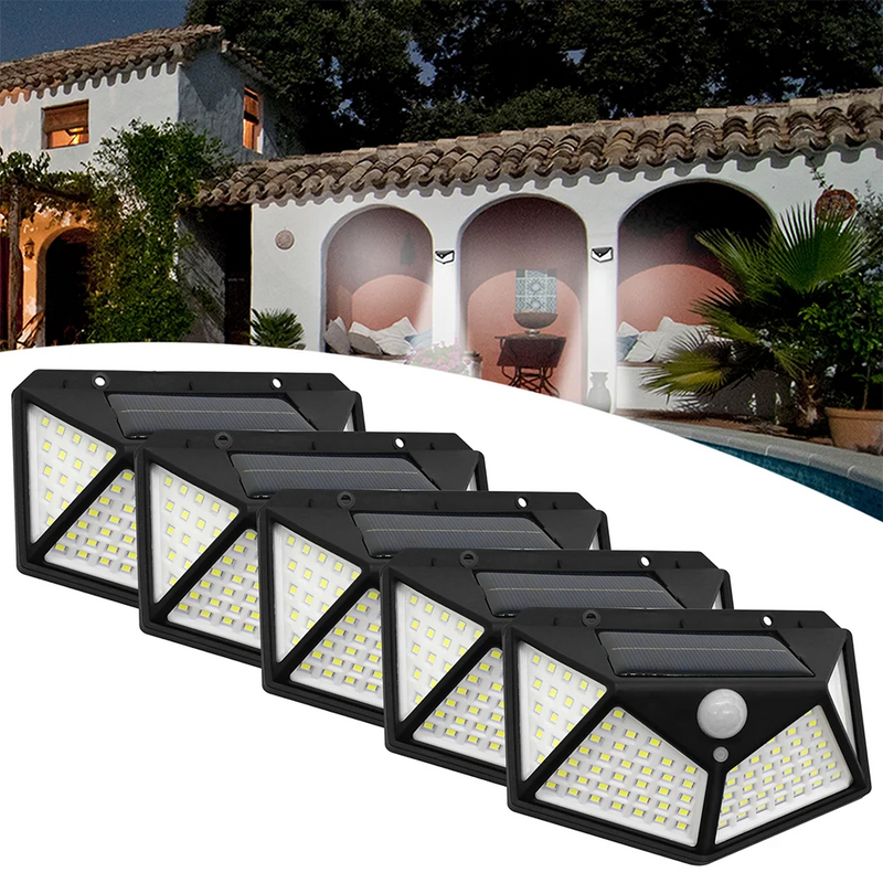 Iluminação Potente e Sustentável - Kit 5 Luminárias Solares com 100 Leds para Jardim!